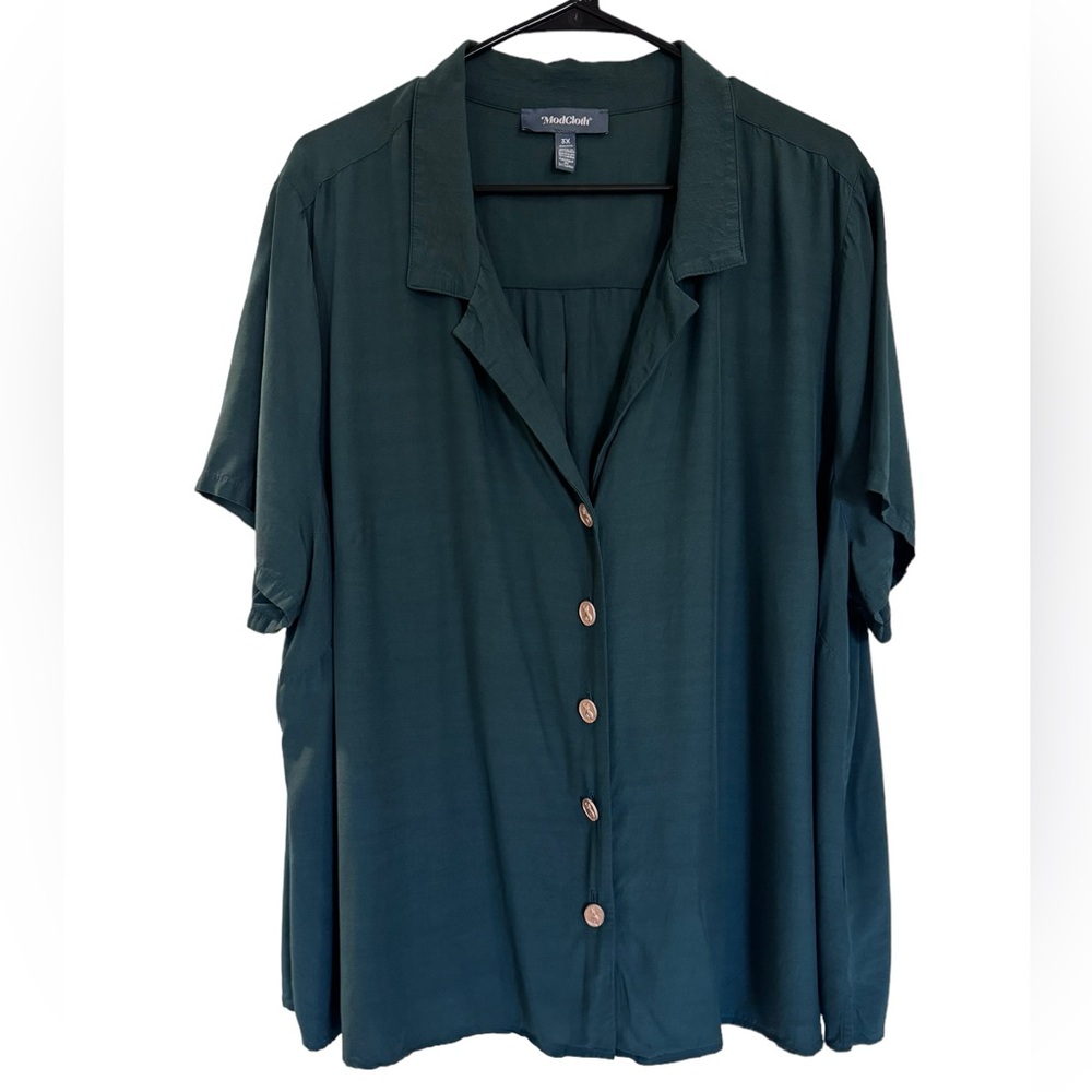 Modcloth Such A Cat-Ch Button Up Top Emerald Gree… - image 1